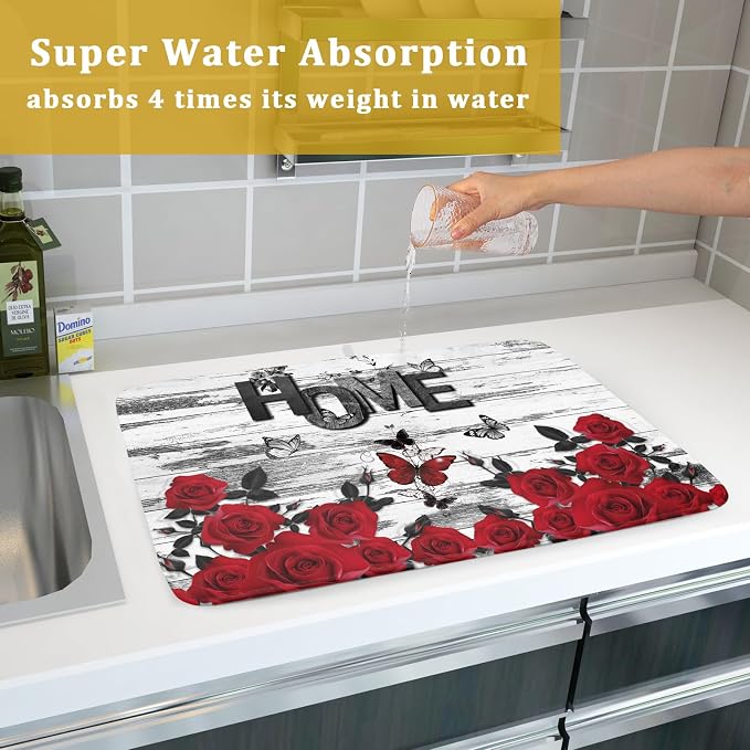Red Rose Dish Drying Mat 18x24 inch Romantic Floral Absorbent Microfiber Sink - Image 7