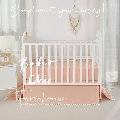 Brandream Boho Bohemian Girl Baby Nursery Crib Bed Skirt 100% Cotton Pleated Dust Ruffle Farmhouse Chic Ruffle Minimalist Tassel Fringe Macrame Luxury Toddler Bedskirt Solid Blush