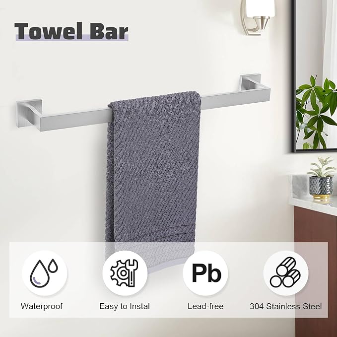 TNOMS Brushed Nickel Towel Bar Set, 5-Piece Bathroom Hardware Set Includes - Image 3