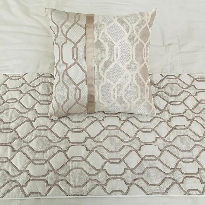 The HomeCentric King/Queen/Twin Ivory & Silver Decorative Full 68"x18" Bed Runner Without Pillow Cover, Lattice & Quilted Bed Scarf on Jacquard Silk Fabric - Ivory Delicacy
