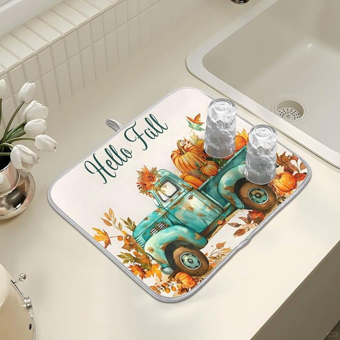 Vintage Fall Truck with Pumpkins Autumn Leaves Dish Drying Mat - Image 7