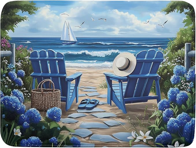 Summer Beach Dish Drying Mat 18x24 Inch Sea Shells Flowers Kitchen Mats Blue by Kawani