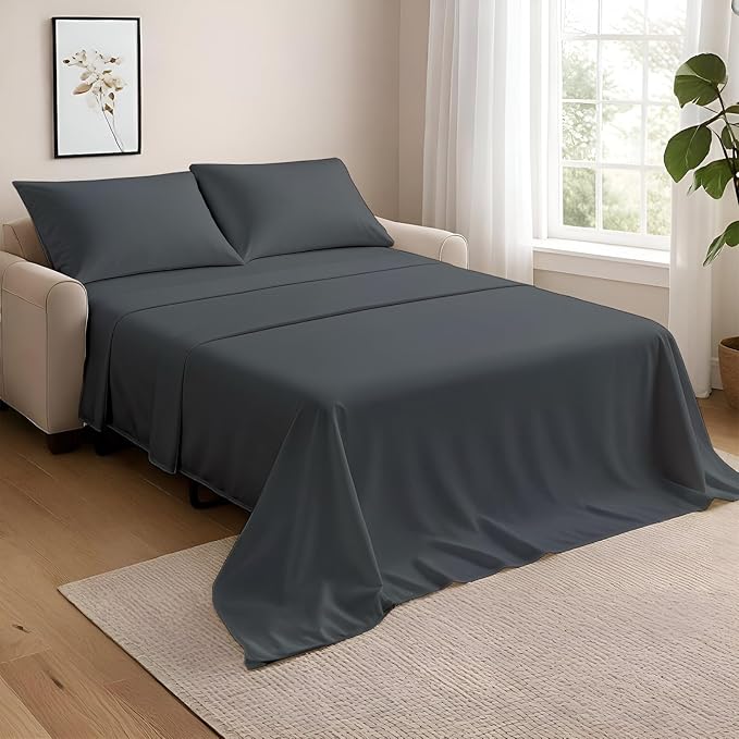 NON Sticky cotton Full Size Sleeper Sofa Sheets, 4 Piece Egyptian Cotton Bed Sheet Set for Sofa Bed, 10" Deep Pocket for Pull Out Couch Mattress, 54" x 75", Dark Grey Solid, Soft & Breathable