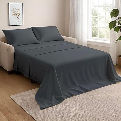 NON Sticky cotton Full Size Sleeper Sofa Sheets, 4 Piece Egyptian Cotton Bed Sheet Set for Sofa Bed, 10" Deep Pocket for Pull Out Couch Mattress, 54" x 75", Dark Grey Solid, Soft & Breathable