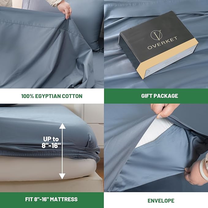 1000 Thread Count Egyptian Cotton Sheets Queen Size Set 4PCS Sateen Weave Soft Breathable 16-Inch Deep Pocket（Queen,Dusty Blue）