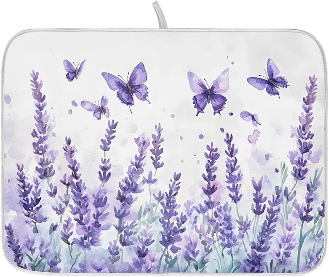 Purple Lavender Spring Summer Flower Floral Dish Drying Mat by ALAZA