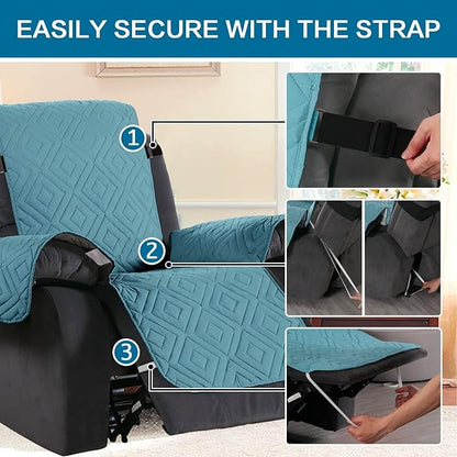 H.VERSAILTEX Reversible Quilted Recliner Covers Water Resistant Furniture Protector for Reclienr Chair with Elastic Straps for Pets Kids Sitting Width Up to 28"(Oversized Recliner, Cameo Blue/Beige)