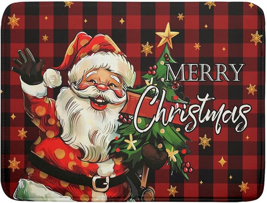 Merry Christmas Santa Claus Red Buffalo Plaid Dish Drying Mat by Anyako