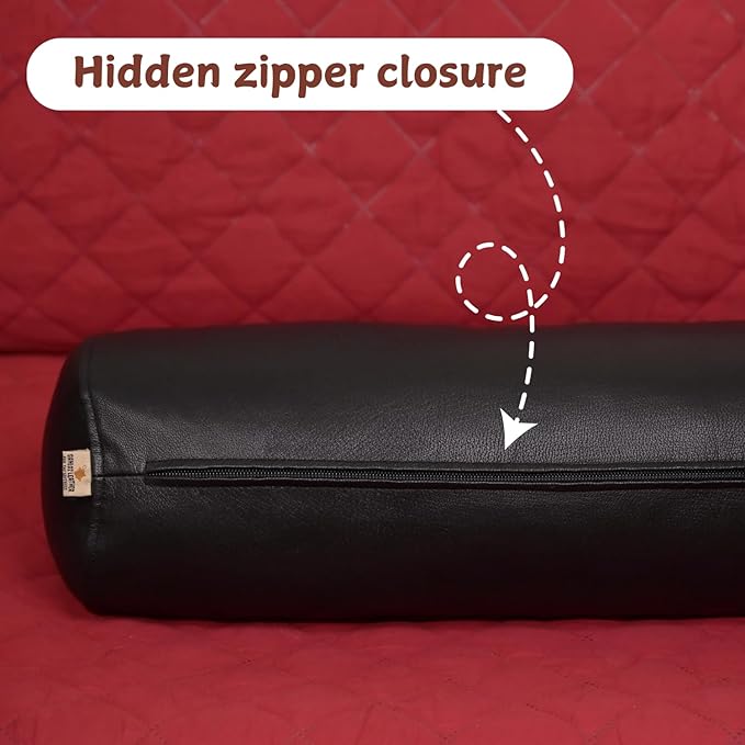 Neck Roll Pillow Cushion Cover, 16x6 Inch Full Moon Round Bolster Pillow Case, Cylinder Soft Lambskin Leather Pillowcase for Head, Spine & Neck Support During Sleep - Black Pack of 2