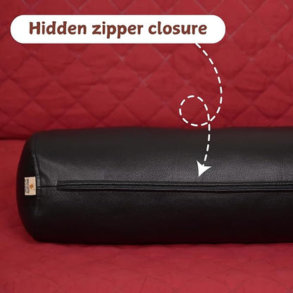 Neck Roll Pillow Cushion Cover, 16x6 Inch Full Moon Round Bolster Pillow Case, Cylinder Soft Lambskin Leather Pillowcase for Head, Spine & Neck Support During Sleep - Black Pack of 2