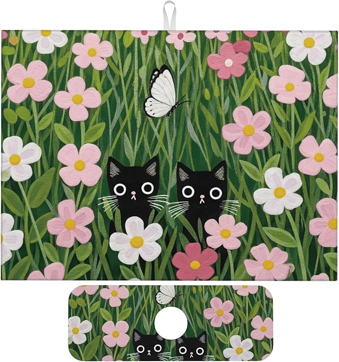 Pink Floral Cat Dish Drying Mat by Unknown