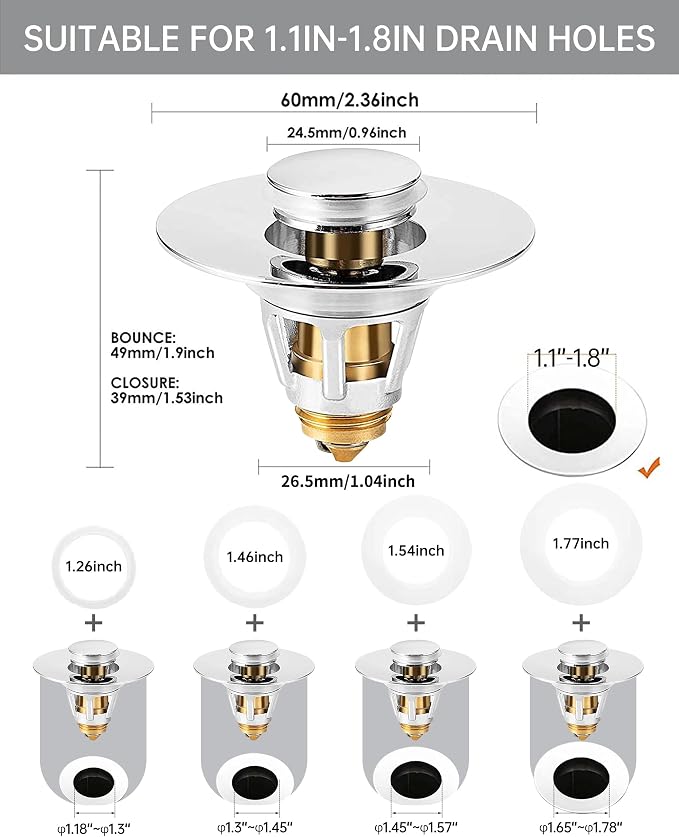 Fransiton Bathroom Sink Drain Stopper, 1.1-1.77 Inch Basin Pop Up Sink Drain - Image 2