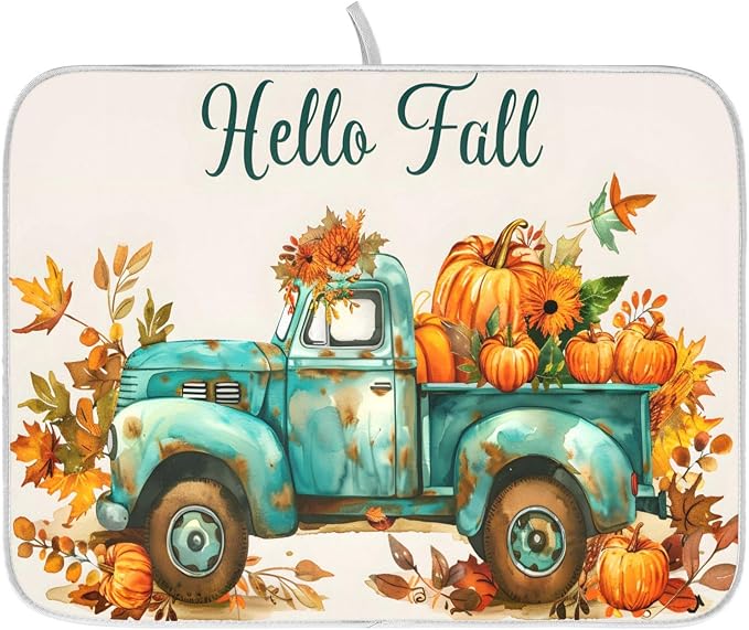 Vintage Fall Truck with Pumpkins Autumn Leaves Dish Drying Mat by ALAZA