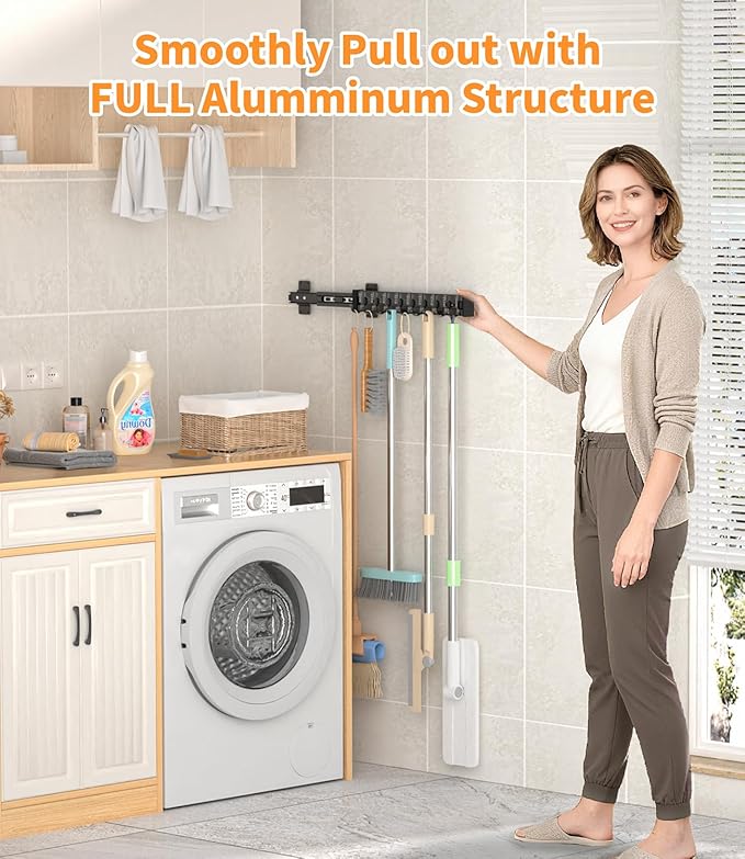 Pull Out Broom Holder With 9 Adjustable Sliding Hook, - Image 2