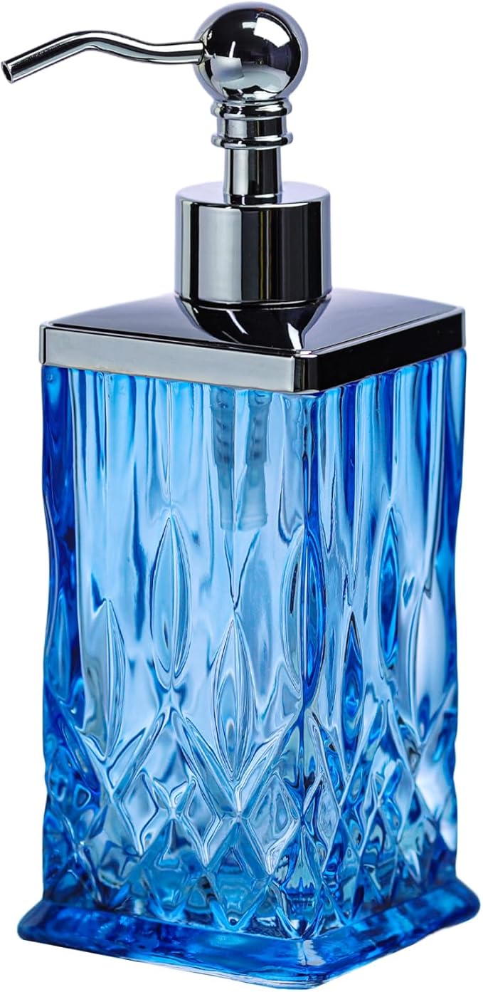 10Oz Diamond Grid Pattern Blue Glass Soap Dispenser by Unknown