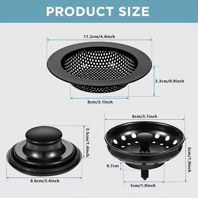 Mudder 3 Pcs Kitchen Sink Drain Strainer and Stopper Stainless Steel Garbage - Image 2