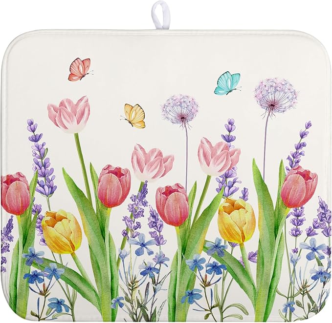 Spring Floral Dish Drying Mat Tulip Lavender Flower Dishes Pad Absorbent by Wnoesat