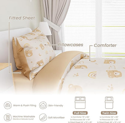 SANDJEST Bear Comforter Set Full Size 98x86in for Kids Boys Girls Unisex, Microfiber 4 Pcs Bedding Set Includes 1 Comforter, 2 Pillowcases, 1 Fitted Sheet, Nursery Room Decor