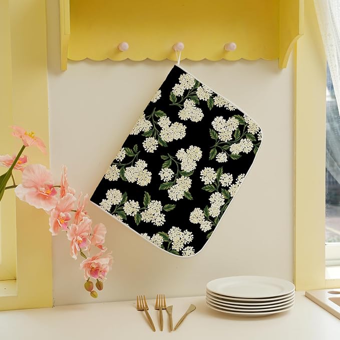Black Hydrangea Dish Drying Mats 18x24 Inch Mats Spring Beige Green Floral - Image 4