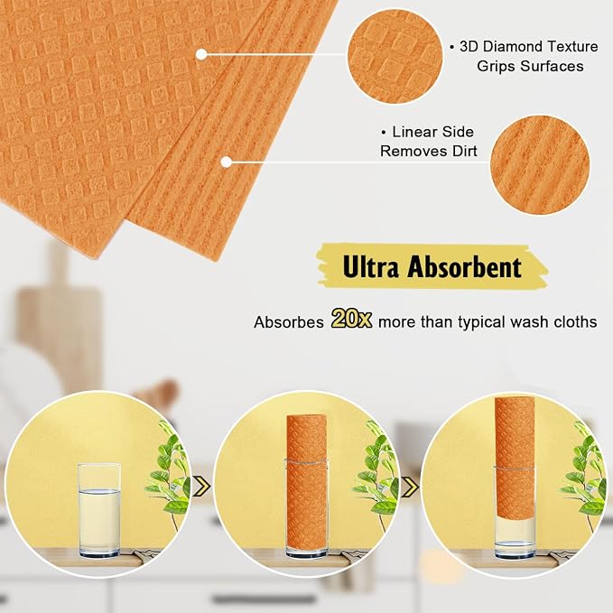 Swedish Dishcloths for Kitchen | 6 Pack Absorbent Cellulose Sponge Cloths - Image 2