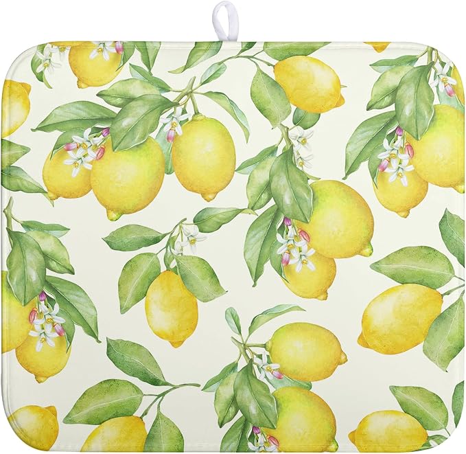Lemon Kitchen Dish Drying Mat 16×18 Inch Summer Yellow Green Lemon Drying Mat by Wnoesat