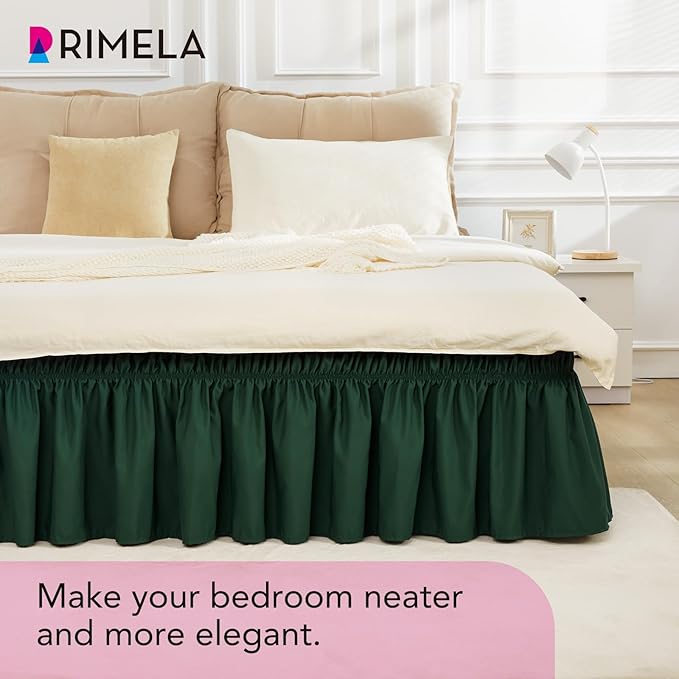 RIMELA Dark Green Bed Skirt Queen Size 15 Inch Drop, Elastic Bed Skirting for Bed Base and Frame, Bedding Dust Ruffle Easy to Install,Wrap Around Adjustable Bedskirt,Christmas Bedroom Decor