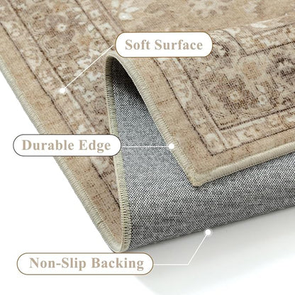 8x10 Brown Area Rug Non Slip Large Vintage Living Room Distressed Machine Washable Retro Carpet Indoor Bedroom Traditional Floral Accent Throw Rug for Office Kitchen Dorm Dining Room