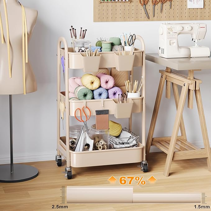 Beige 3 Tier Rolling Cart Metal on Wheels, Three Tiered Storage Organizer - Image 4