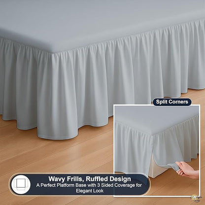 Cottington Lane Ruffled Bed Skirt Queen Size With Split Corner, Brushed Microfiber Hotel Quality Silver Grey Dust Ruffle, 16 Inch Drop Gathered Bedskirt, Soft and Stylish, Shrinkage and Fade Resistant