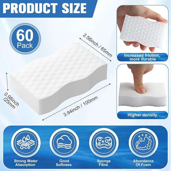 60 Pack Magic Extra Durable Sponge Eraser 3 Layer Density Cleaning Pads in Bulk - Image 2