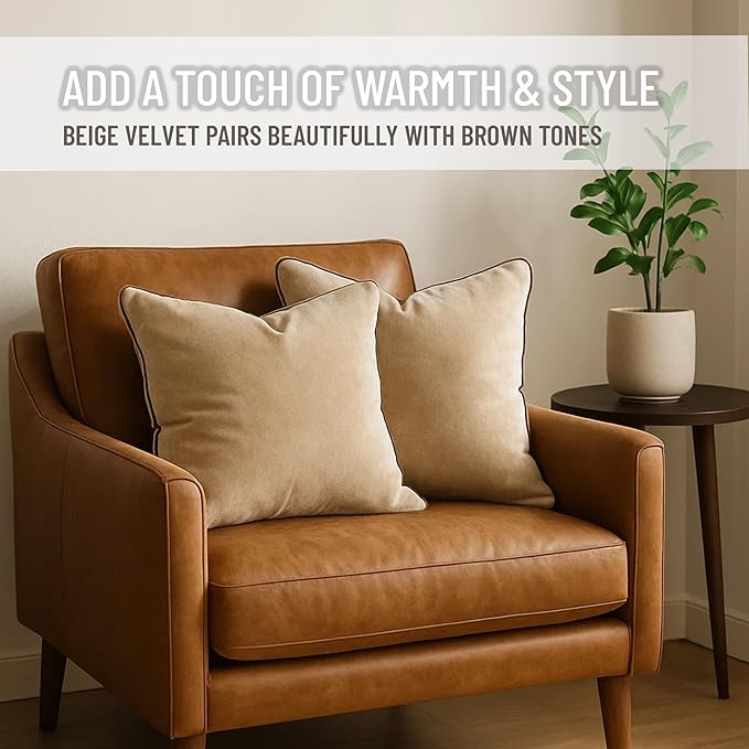 2 Pack Velvet Decorative Throw Pillow Covers, 12"x20", Beige and Brown, Solid, Modern, Contrast Piping, Indoor Use, Bedroom & Living Room