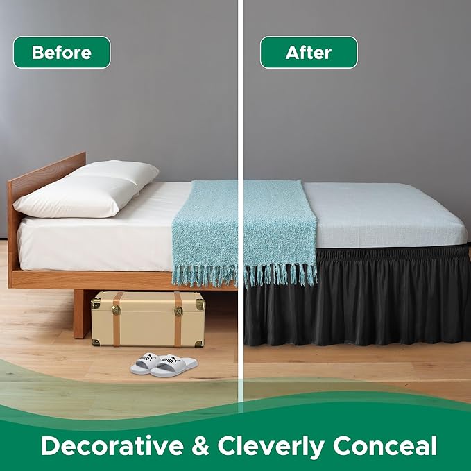 Biscaynebay Wrap Around Bed Skirts for King & Cal King Beds 17" Long Drop, Black Adjustable Elastic Dust Ruffles Easy Fit Wrinkle & Fade Resistant Silky Luxurious Fabric Solid Machine Washable