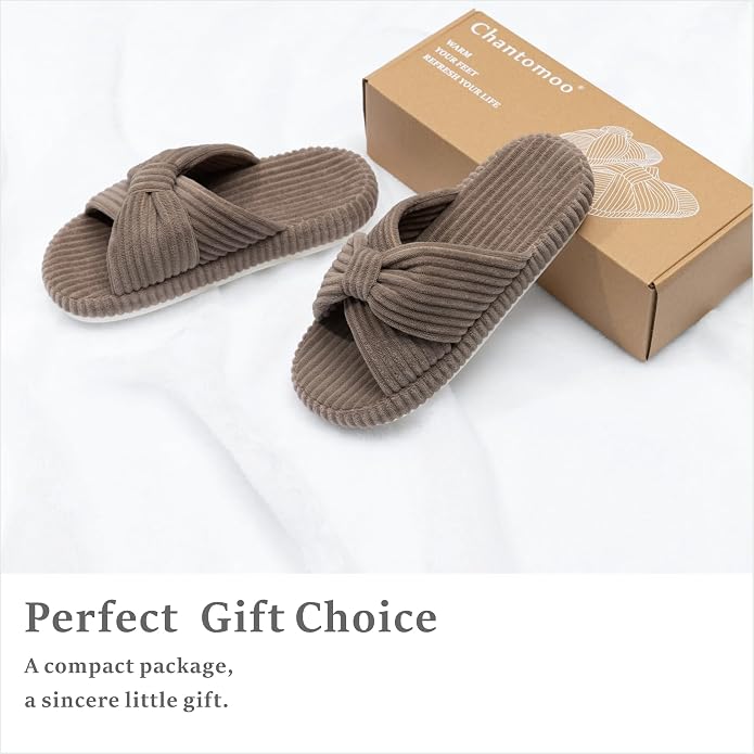 Chantomoo Slippers for Women Memory Foam House Bedroom Corduroy Bow Crossbands - Image 5