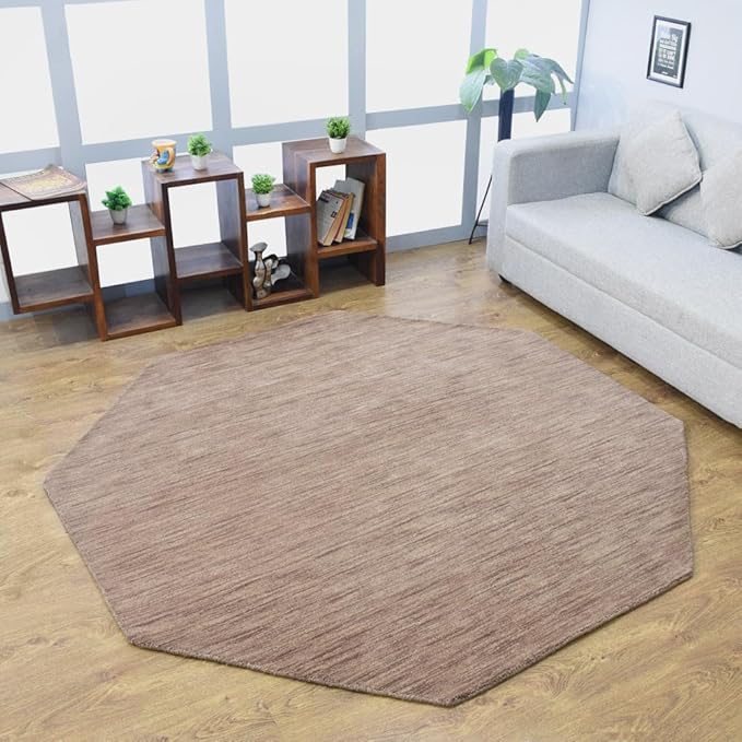 Hand Knotted Loom Wool ECO-Friendly Area Rugs - 8'x8', Octagon Shape, Light Brown Color, Plain Solid, High Pile Thick Handmade Anti Skid Area Rugs for Living Room, Bed Room (L00111)