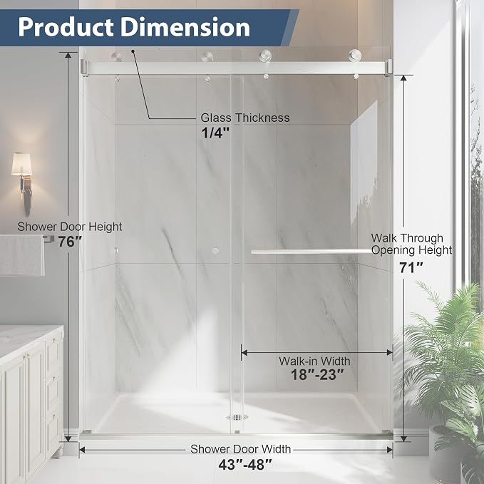 Frameless Double Sliding Shower Doors, 43-48" W x 76" H Shower Glass Door - Image 8