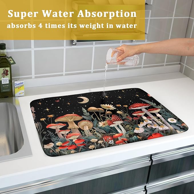 Black Mushroom Dish Drying Mat for Kitchen Counter Leaves Botanical Microfiber - Image 7