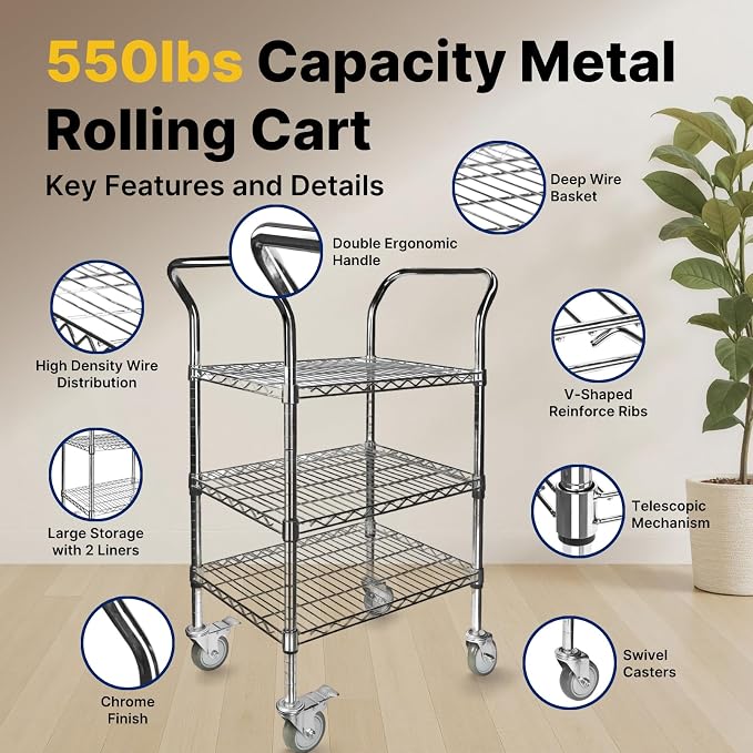Northsky 3-Shelf Wire Utility Cart on Wheels, Chrome Finish Rolling Metal - Image 3