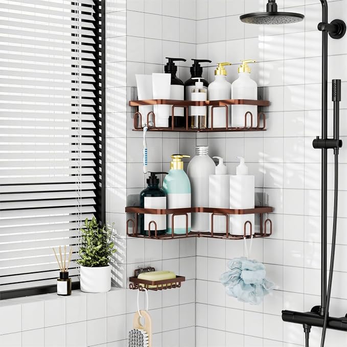 Moforoco Corner Shower Caddy Shelf Organizer Rack, Self Adhesive Black Bathroom - Image 2