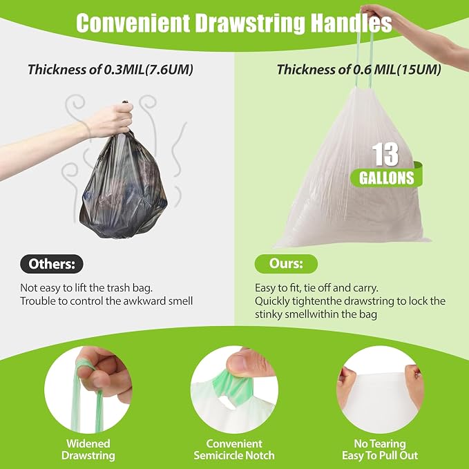 Large Trash Bags 13 Gallon Tall Kitchen Drawstring 100% Post-Consumer Recycled - Image 2