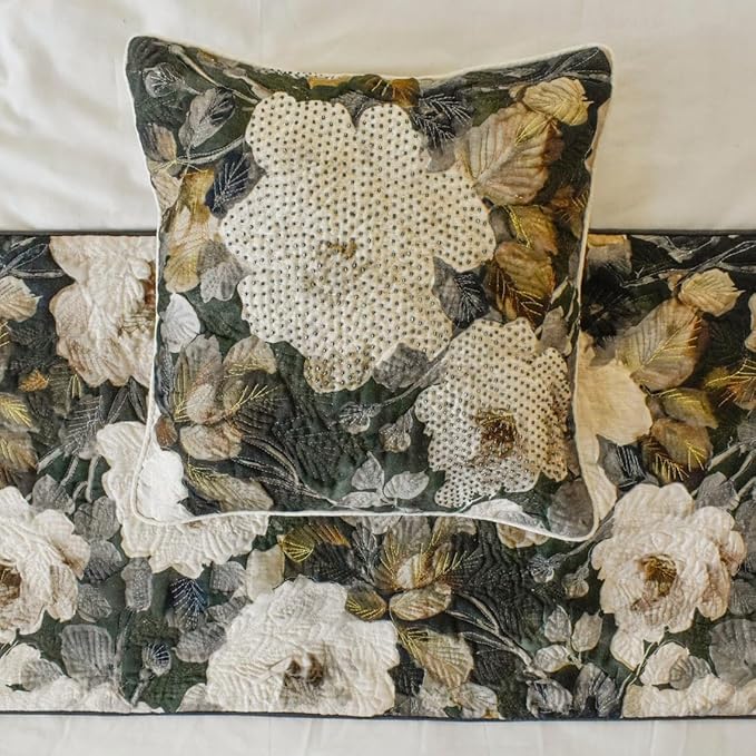 The HomeCentric King/Queen/Twin Gray & Brown Designer CA King 86"x18" Bed Runner Without Pillow Cover, Rose, Floral & Bead Embroidery Bed Scarf on Cotton Fabric - Rada