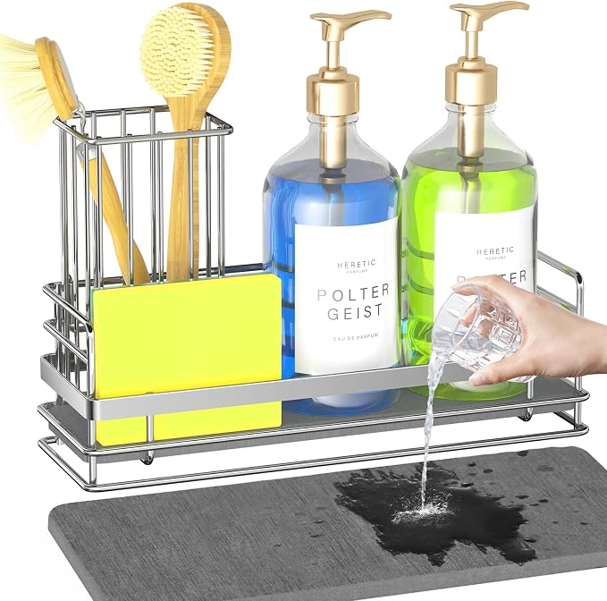 Yofidra Sink Caddy with Stone Drying Tray: Stainless Steel Soap Dispenser by Yofidra