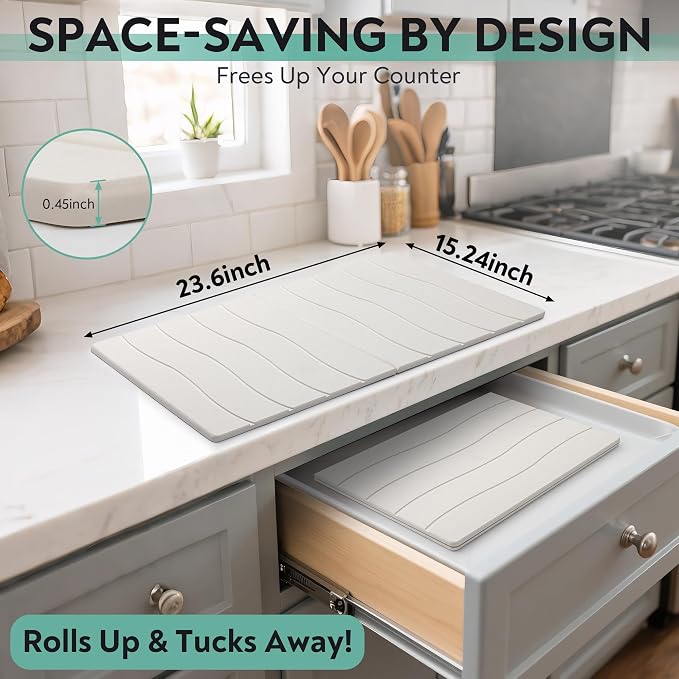 Large Stone Drying Mat for Kitchen Counter, 24x16 Foldable Self Stone Dish - Image 2