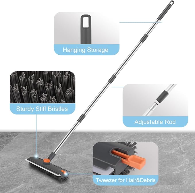 Floor Scrub V Brush with Long Handle 4 in 1 Silicone Scrape and Stiff Bristle - Image 5