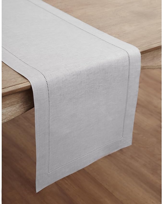 Solino Home Linen Soft Grey Table Runner 90 Inches Long - 100% Pure Linen Hemstitch 14 x 90 Inch Table Runner for Dining, Christmas, New Year - Classic Hemstitch