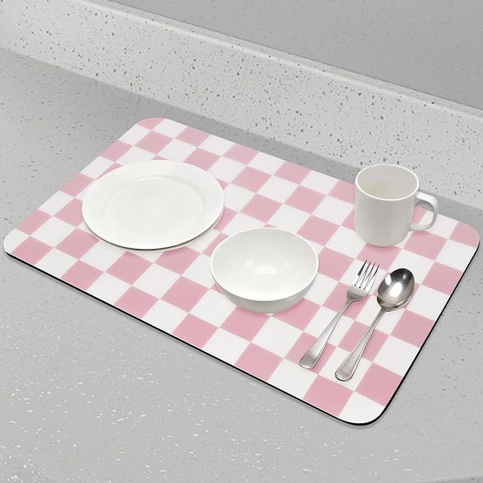 Checkered Dish Drying Mat for Kitchen Counter, Absorbent Non-Slip Coffee Mat - Image 5