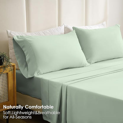 Breathable Cooling Full Sheet Set - Hotel Luxury 4 Piece Deep Pocket Sheets for Full Size Bed, Fits 16" Mattress, Easy Care Wrinkle Free Bedding Sheet and Pillowcase Set, Sage Green
