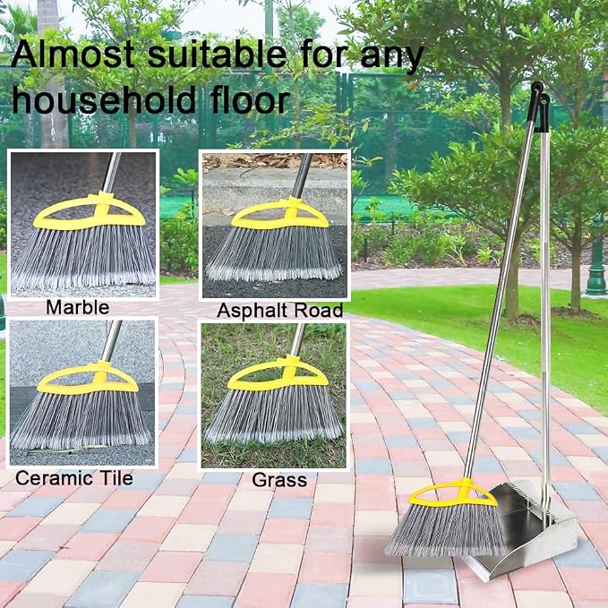 Stainless Steel Dustpan with Outdoor Stiff Bristles Broom, Long Handle Metal - Image 5