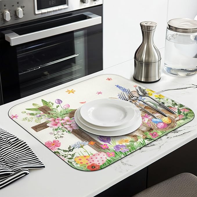 Easter Dish Drying Mat for Kitchen Counter, Cute Bunny Spring Florals - Image 3
