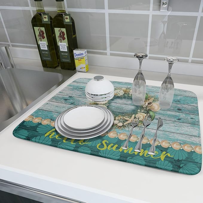 Hello Summer Dish Drying Mat for Kitchen Counter, Sea Shell Starfish Coastal - Image 6