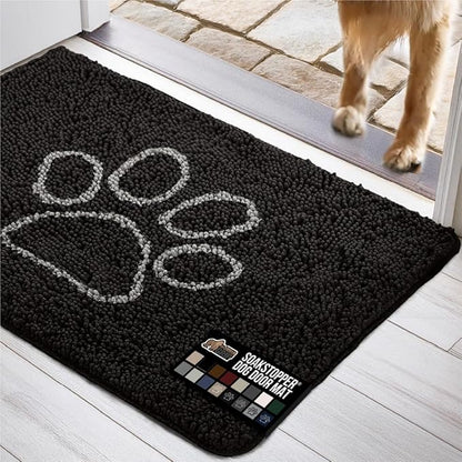 GORILLA GRIP SOAKSTOPPER Dog Door Mat, 48x30 Machine Washable Rug Absorbent Doormat Captures Moisture Mud Dirt, Quick Dry Soft Chenille Entryway Rugs Indoor Entrance Mats for Dog Paws, Black White